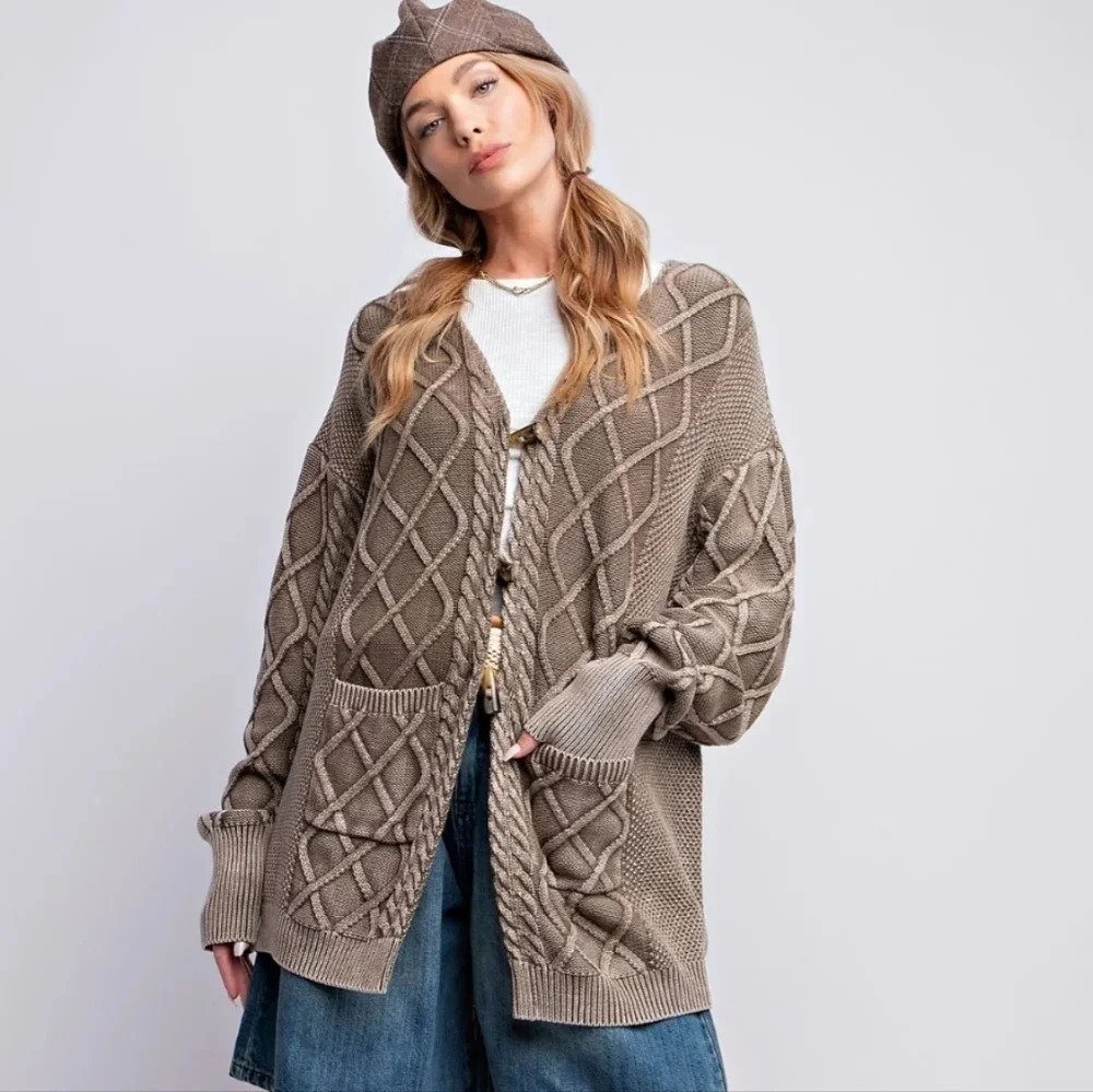 New! Easel Cable Knitted Sweater Cardigan Mocha S